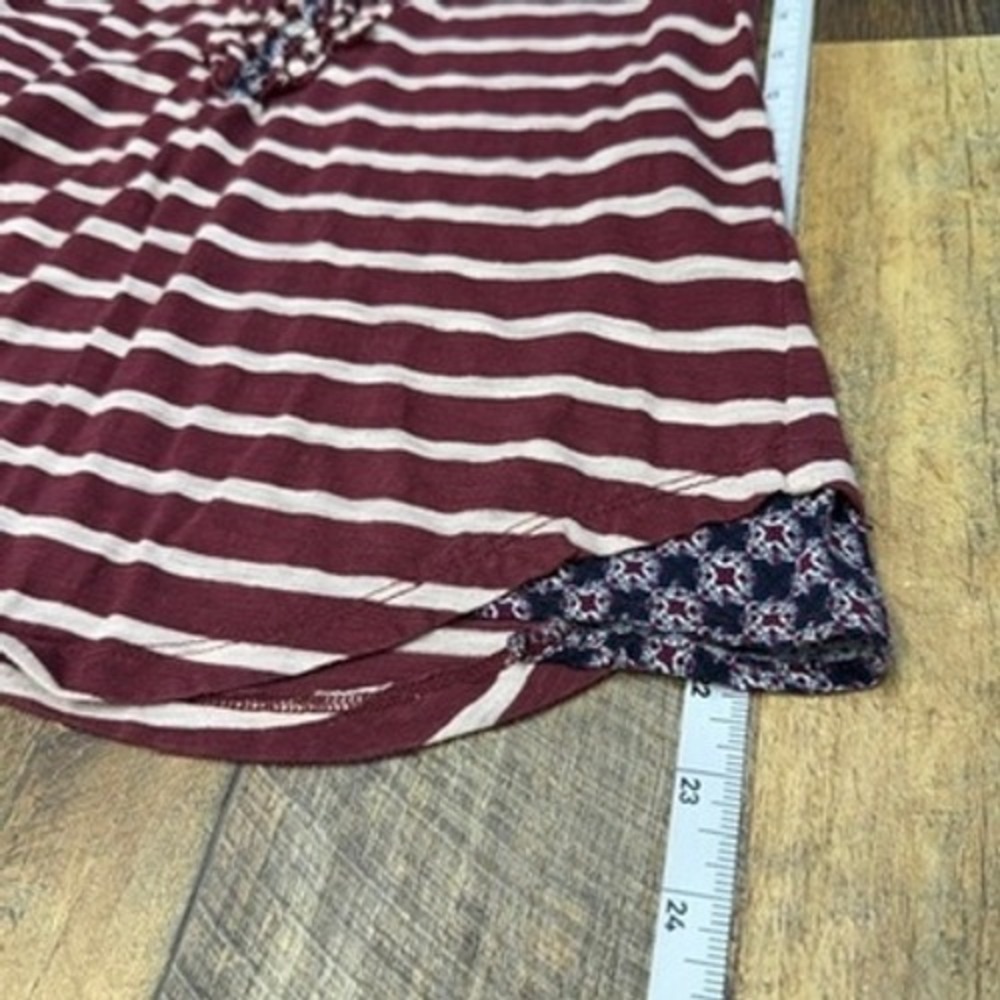 Anthropologie Mavis & Co Striped Ruffle Henley Top Sm Burgundy Shirt Cute Casual - Picture 4 of 13